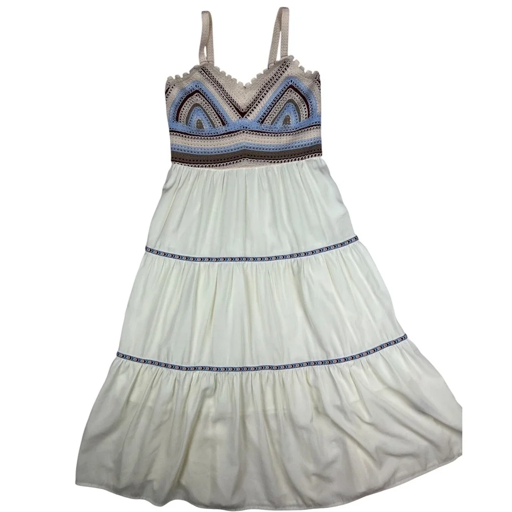 Cider Crochet Bodice Midi Dress Cream Boho Tiered Festival Summer Farmers Market